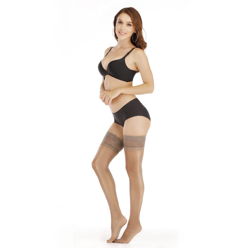 ARRUSA Shimmery Tights for Women, Lace Top Pantyhose Sexy High-thigh Sheer Stockings Opaque - Image 3
